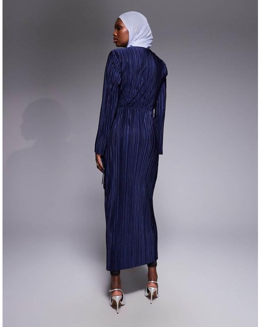 ASOS Blue Plisse Long Sleeve Wrap Tie Waist Maxi Dress
