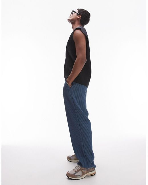 Topman Blue Oversized Fit V Neck Sleeveless Plisse T-shirt for men