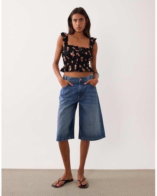 Miss Selfridge Black Ditsy Print Shirred Top With Ruffle Sleeve-multi