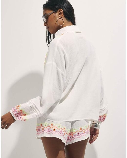 River Island Natural Cotton Mirror Embroidered Shirt