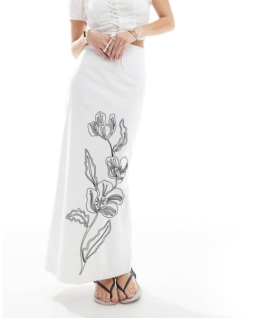 4th & Reckless Maxi Rok Met Linnenlook, V-Hals En Geborduurde Bloemen in het White