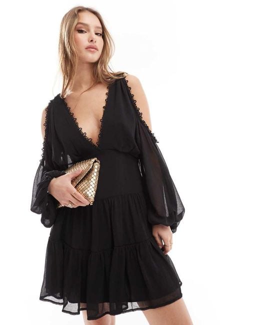 ASOS Black Cold Shoulder Tiered Mini Dress With Lace Insert