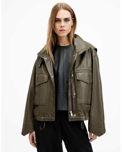 AllSaints Brown Clay Funnel Neck Cropped Leather Jacket