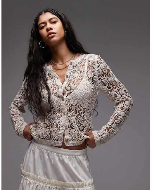 TOPSHOP Gray Knitted Crew Neck Flower Crochet Cardigan