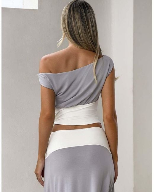 Tiger Mist Gray Alyssa Drape Off Shoulder Contrast Button Detail Top Co-ord