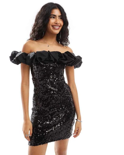 Vestito Corto Con Paillettes E Spalline Con Volant di Object in Black