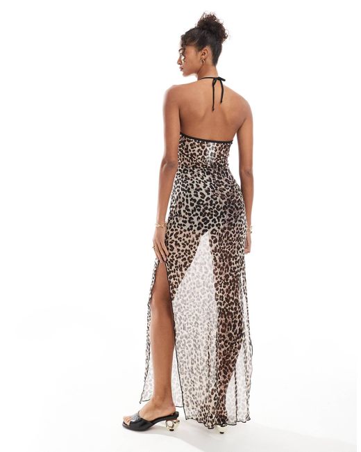 Pieces White – neckholder-maxi-strandkleid aus netzstoff mit leopardenmuster