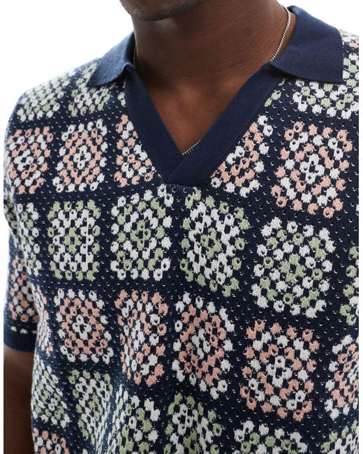 ASOS Gray Knitted Crochet Revere Polo for men