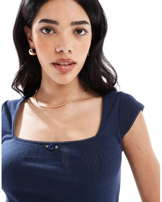 Hollister Blue Square Neck Pointelle T-shirt