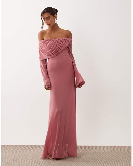 ASOS Pink Mesh Off The Shoulder Draped Neck Long Sleeve Maxi Dress