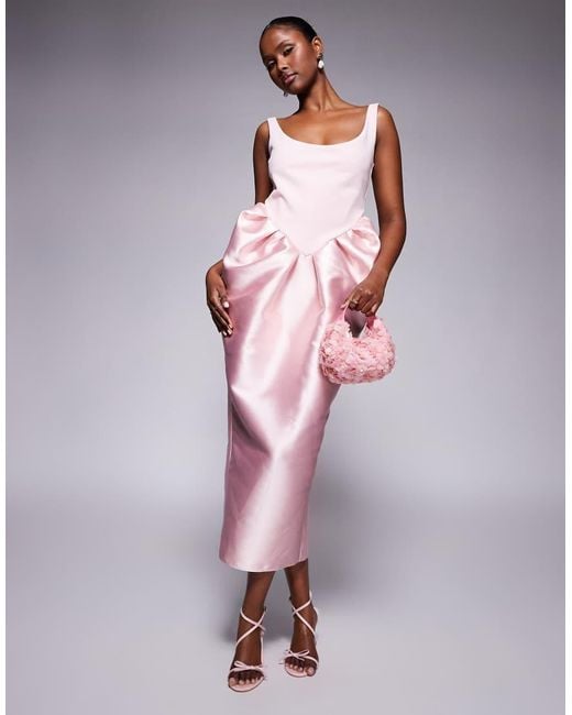 ASOS Pink Scuba Scoop Neck Midi Dress With Manipulated Puff Skirt
