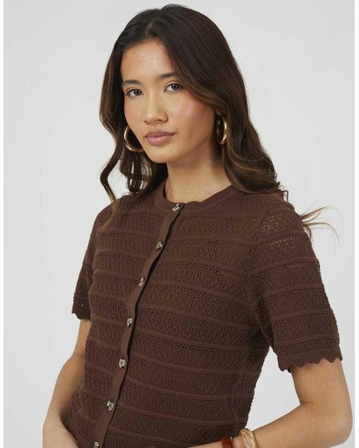 Brave Soul Brown Short Sleeve Stitch Detail Crew Neck Cardigan