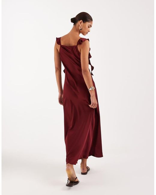 Vila Red Cowl Neck Satin Maxi Dress With Draping Frill Straps