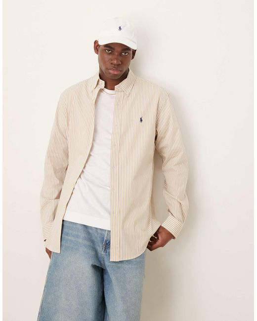 Polo Ralph Lauren Natural Icon Logo Stripe Stretch Poplin Shirt Custom Fit for men
