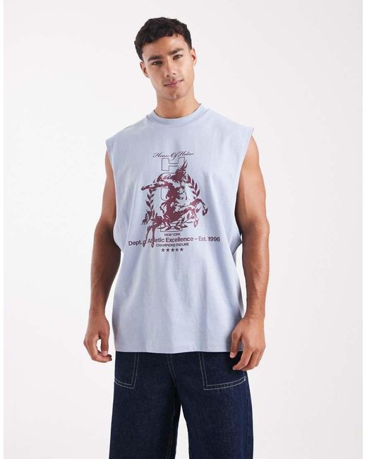 Camiseta Azul Claro Extragrande Sin Mangas Con Sisas Caídas Y Estampado Gráfico Urbano De ASOS de hombre de color Blue