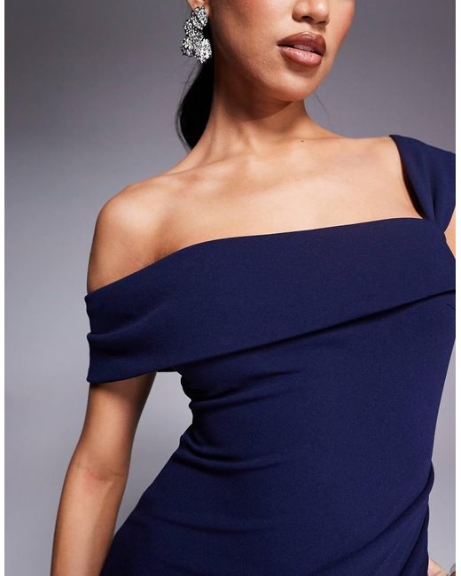 Goddiva Blue Off The Shoulder Pleated Waist Maxi Dress
