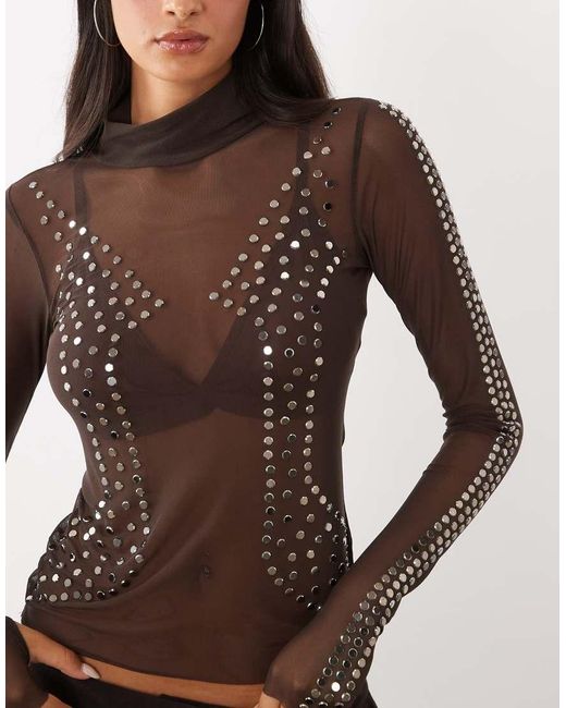 AFRM Brown Zadie Mesh Turtleneck Long Sleeve Top