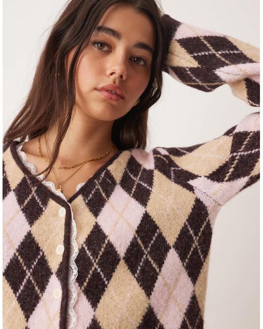 Miss Selfridge Brown Argyle Cardigan With Lace Trim Co-Ord