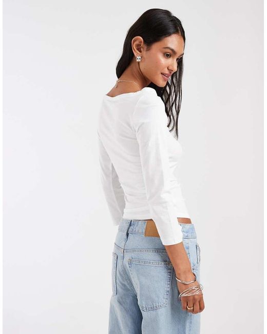 Pieces White Boat Neck 3/4 Sleeve Top