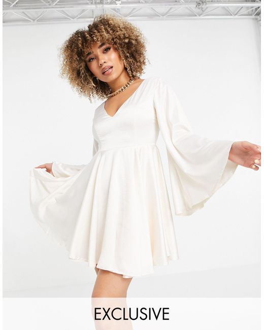 EI8TH HOUR White Exclusive Satin Skater Dress With Bell Sleeve