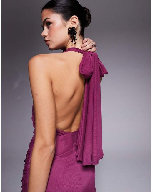 ASOS Purple Twisted Bust Detail Mesh Maxi Dress With Tie Back Halter Neck