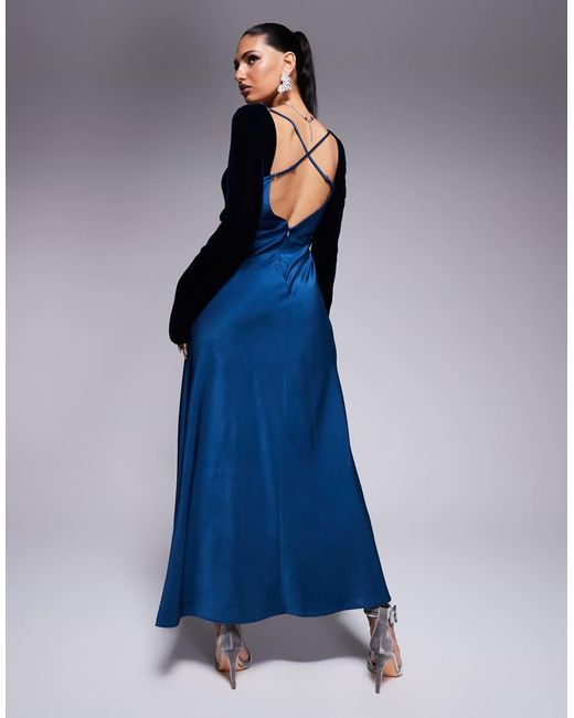 ASOS Blue Square Neck Velvet Satin Mix Midaxi Dress With Cut Out