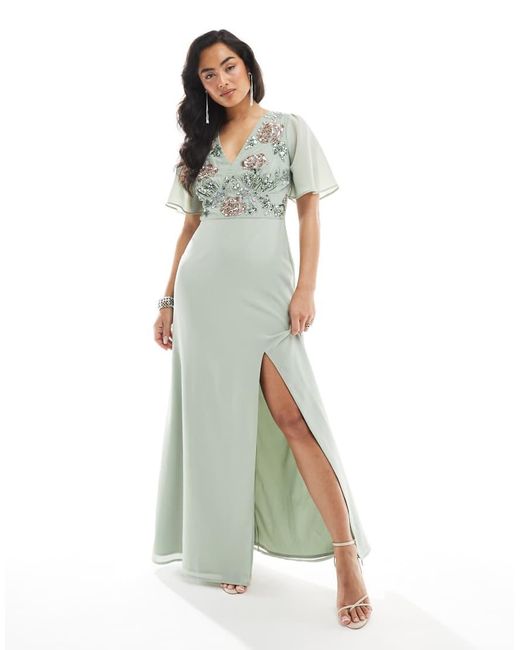 Maya Blue Floral Embellished Short Angel Sleeve Maxi Dress