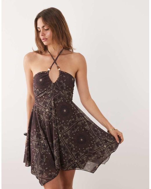 New Look Brown Halterneck Beaded Mini Dress With Hanky Hem