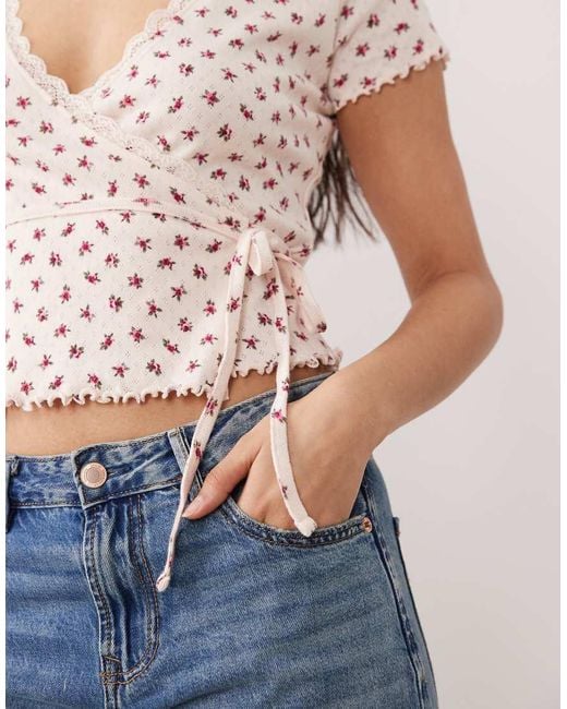 Miss Selfridge Blue Pointelle Lettuce Detail Wrap Top