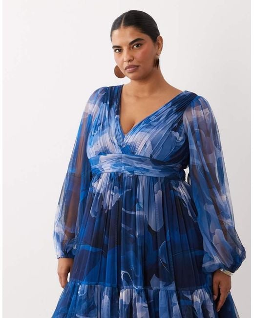 Lace & Beads Plus Blue Tulle Balloon Sleeve Ruffle Tiered Midi Dress
