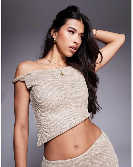 Top d'ensemble semi-transparent à épaule dénudée torsadée en maille scintillante ASOS en coloris Gray