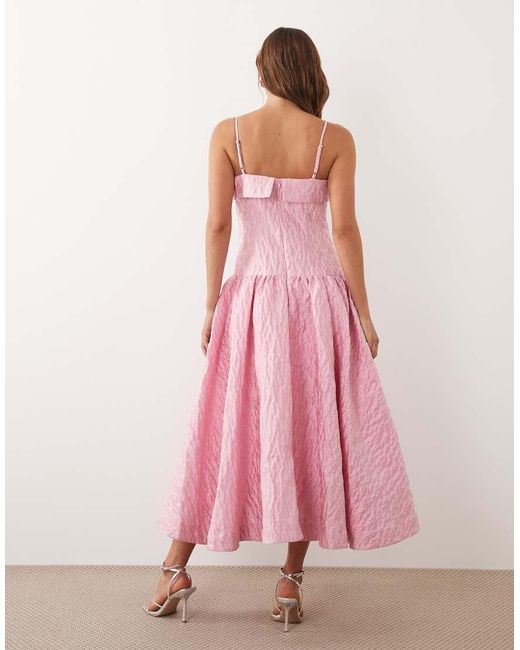 Sister Jane Pink Dream Posy Jacquard Square Neck Embellished Detail Drop Waist Midi Dress