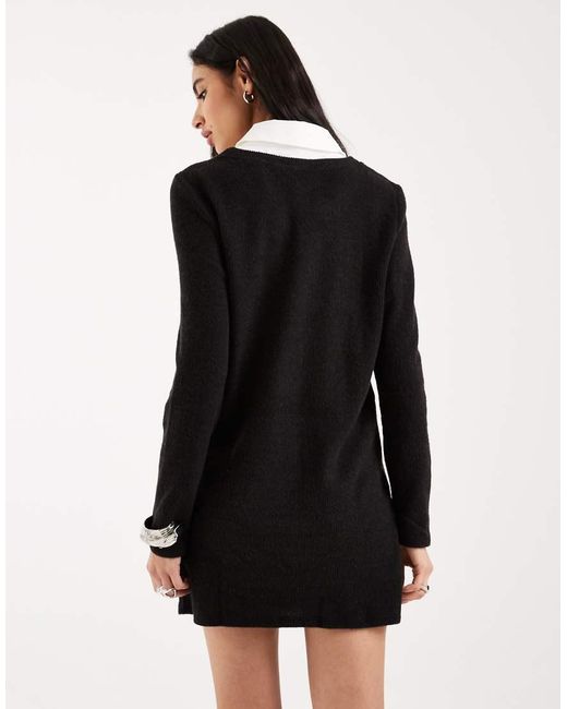 Vero Moda Black 2 In 1 Long Sleeve Knitted Mini Dress With Poplin Collar In
