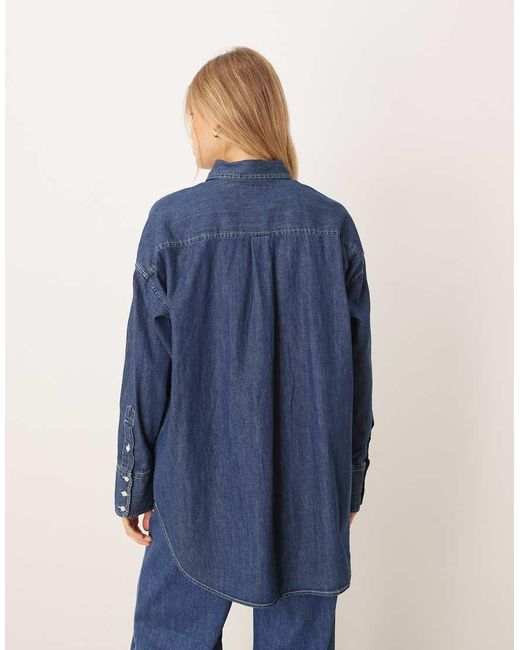 Polo Ralph Lauren Blue Icon Logo Bib Front Oversized Denim Shirt
