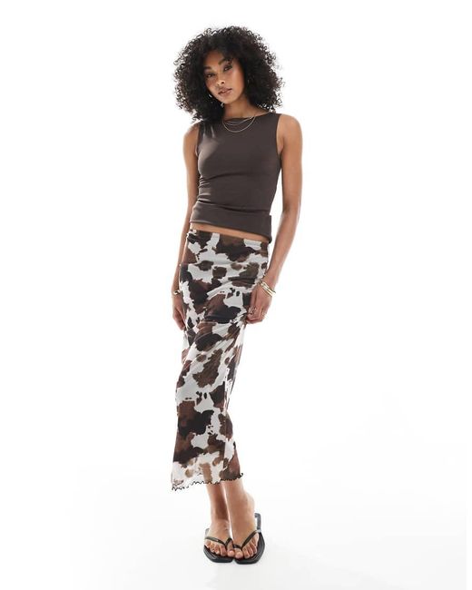 New Look Black Cow Print Mesh Midi Skirt