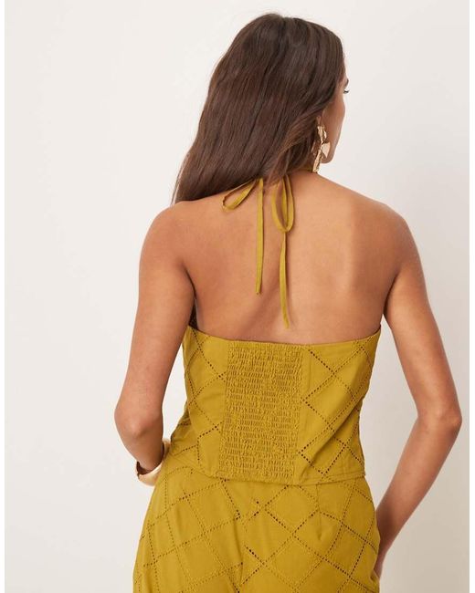 ASOS Yellow Halter Neck Crop Top Co-ord With Geo Cutwork