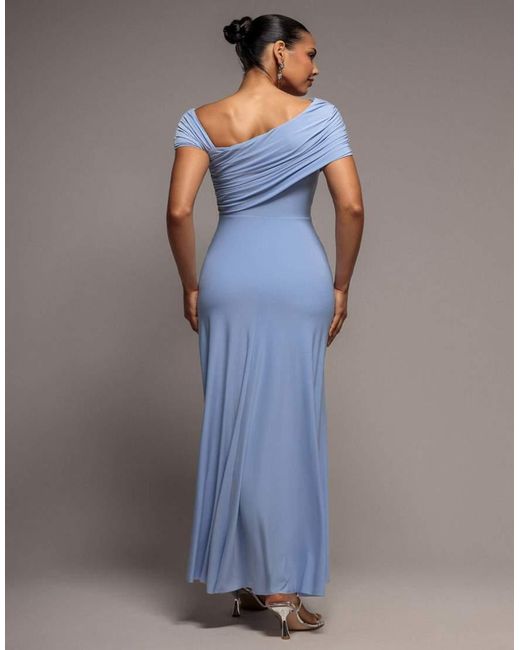 Goddiva Blue Asymmetric Neck Gathered Waist Maxi Dress