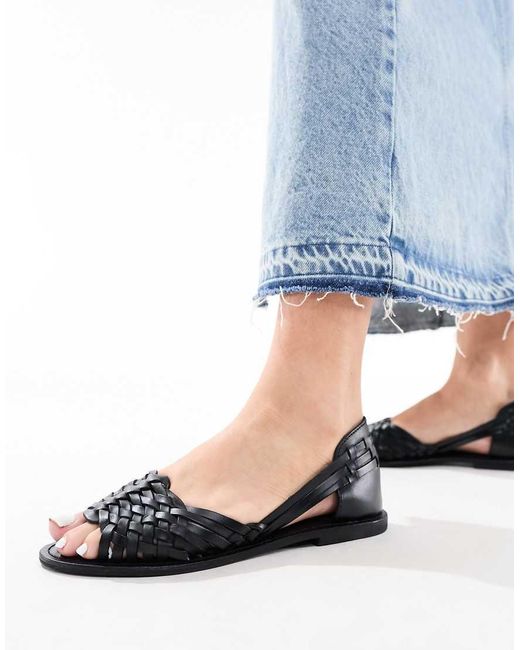 Asos Design Wide Fit Francis Leather Woven Flat Sandals in Black | Lyst UK