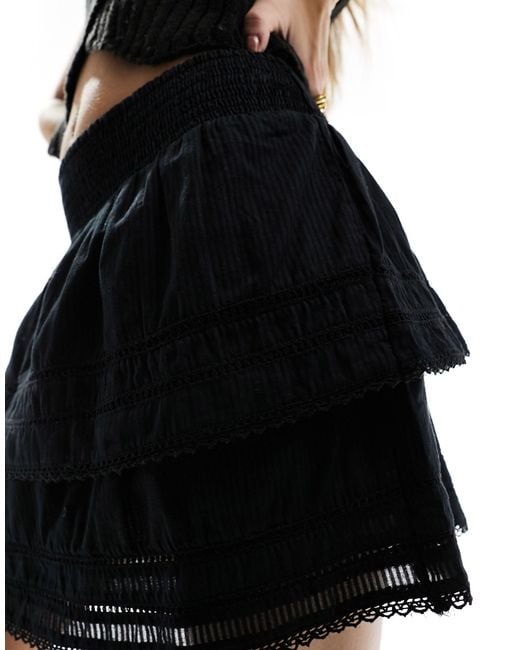 Cotton On Black Cotton On Mini Boho Tiered Skirt With Lace Trim