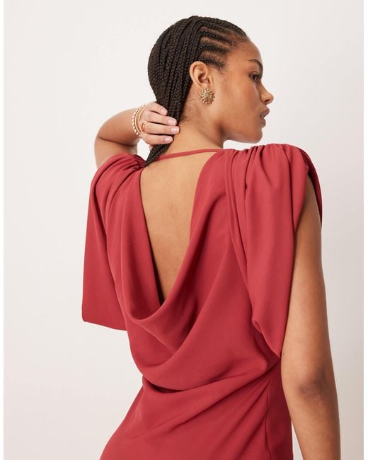 asos design cold shoulder cowl back pleated midi dress ASOS DESIGN Curve tie back fluted sleeve pleated chevron chiffon midi dress  in cobalt