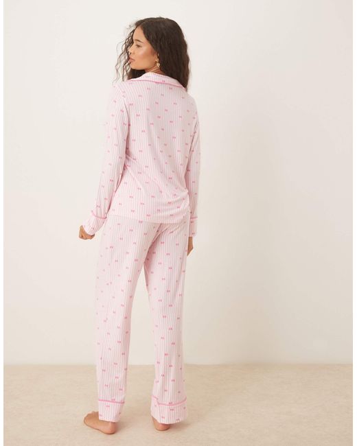 Boux Avenue Pink Long Sleeve Bow Stripe Revere And Pant Set