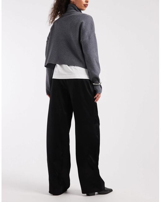 ASOS Gray Satin Wide Leg Pull On Trouser