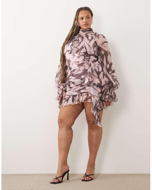 ASOS Brown Curve Printed Ruched Mini Dress With Ruched Skirt Detail
