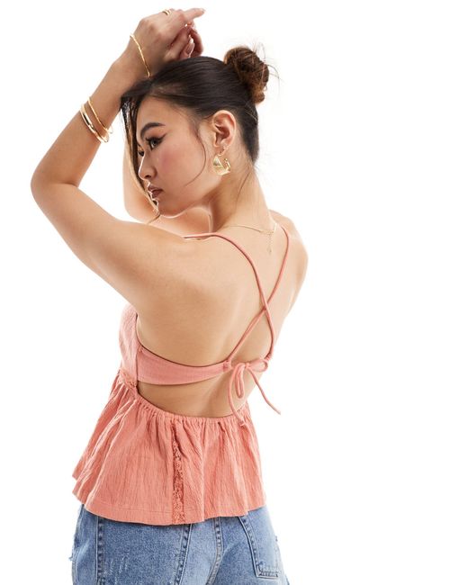 ASOS Pink Crinkle Lace Insert Cami Blouse With Open Back