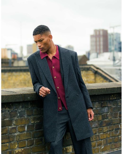 Topman Blue Oversized Salt And Paper Wool Mix Over Coat for men