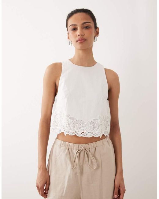 Mango Natural Sleeveless Crop Top With Embroidered Detail Trim