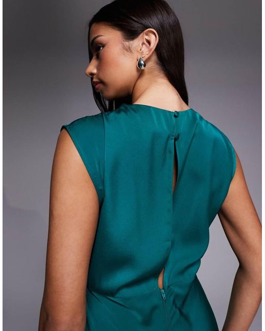ASOS Blue Satin High Neck Pleated Bodice Midi Dress