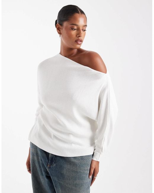 ASOS White Asos Design Curve Knitted Asymmetric Off-shoulder Rib Top
