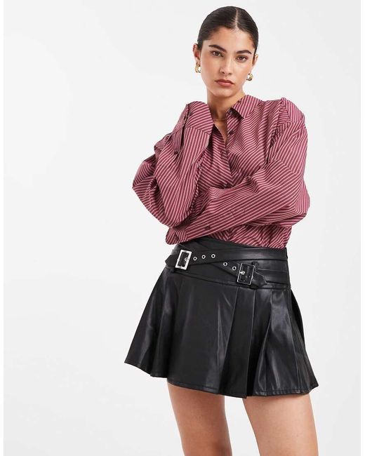 Miss Selfridge Red Faux Leather Pleated Kilt With Buckle