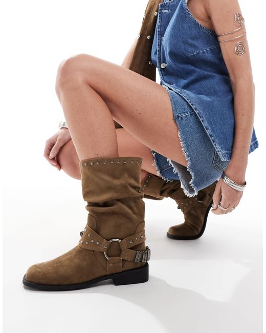 Alara - bottines plates et souples style motard avec détails en métal - taupe ASOS en coloris Blue
